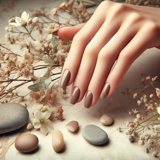 Zufriedene Kundin zeigt ihre gepflegten Naturnägel mit schlichtem Nude-Design im modernen Nagelstudio.