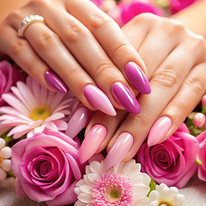 Nahaufnahme einer Hand mit kreativem Blumen-Nail Art Design, fachmännisch modelliert im Studio.