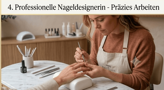 Professionelle Nageldesignerin arbeitet präzise an einer Modellage im Studio.